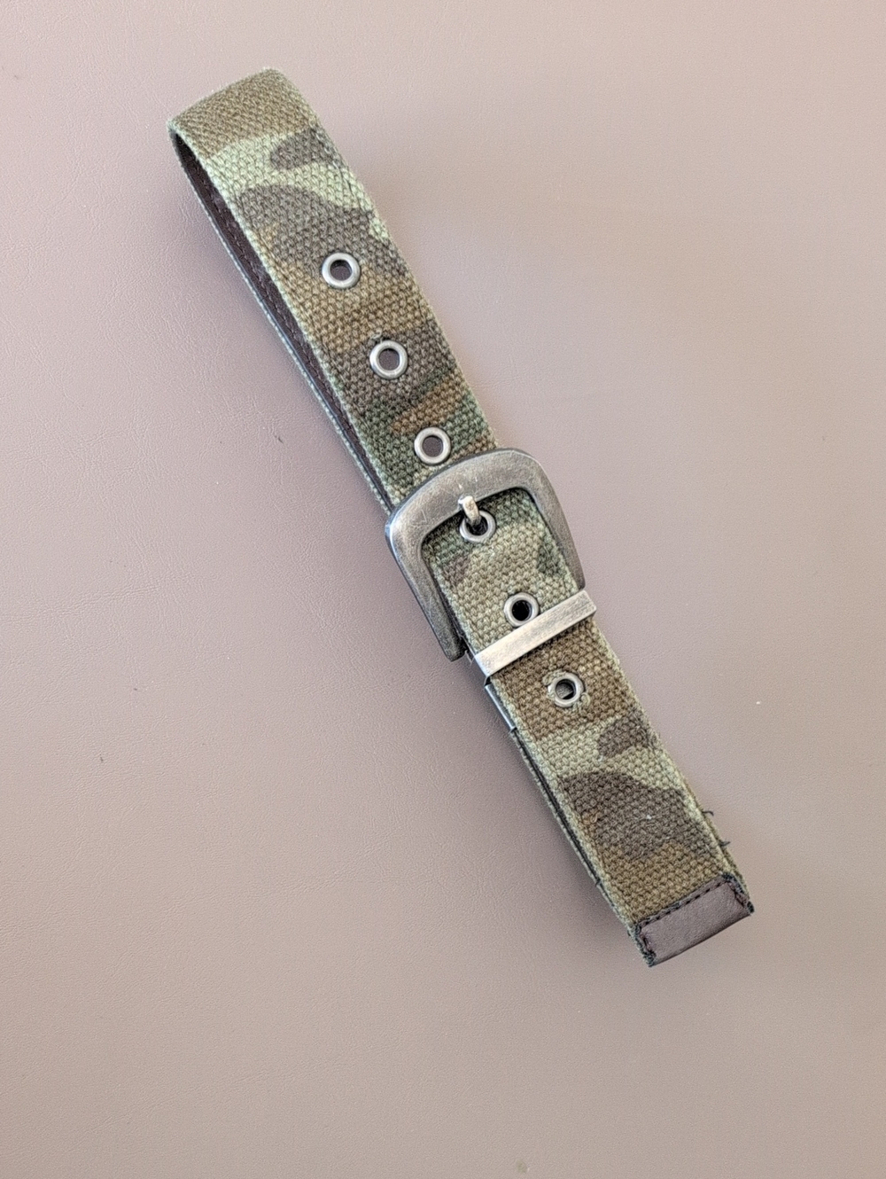 Canvas Camo Print Belt with Brown Leather Trim